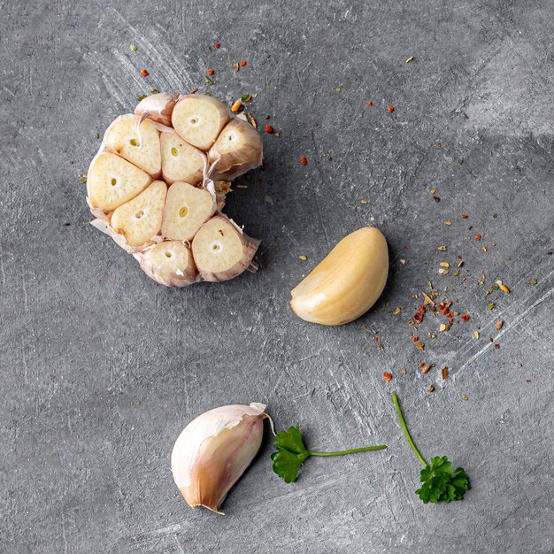 Top view garlic on stucco background