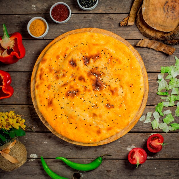 Top view of georgian homemade round cheese cake