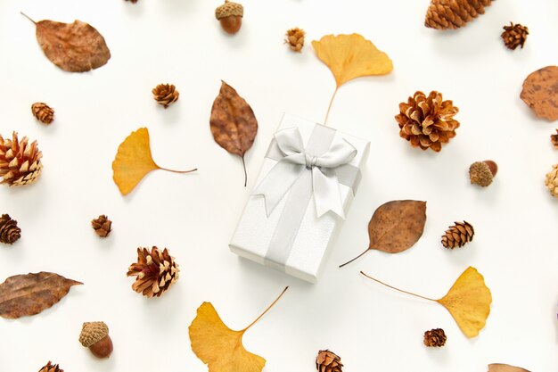 Top view of a gift in the middle of a wreath made of autumn leaves and conifer cones