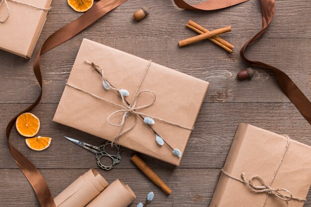 Top view gift wrapping composition