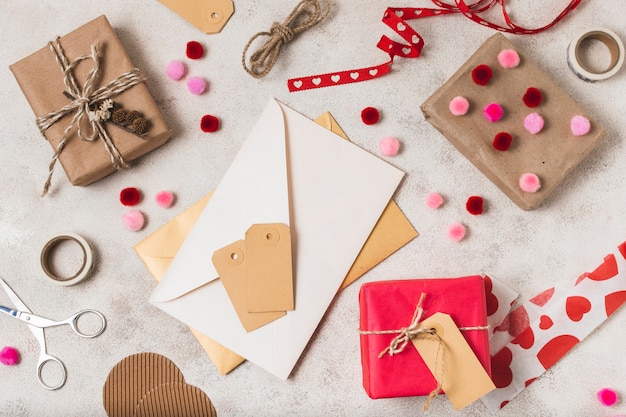 Top view of gifts with envelopes