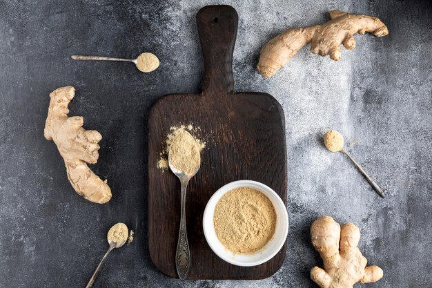 Top view of ginger condiment concept