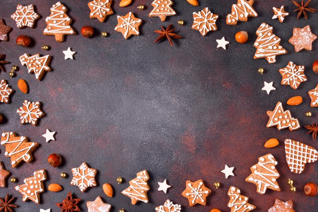 Top view of gingerbread cookies frame with copy space