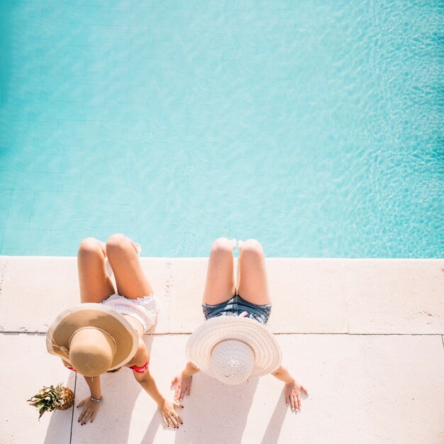 Top view of girls in front of pool