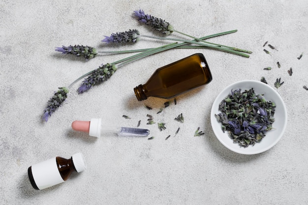 Top view glass bottle and lavender