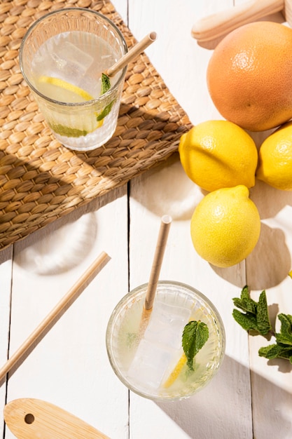 Top view glass with fresh lemonade