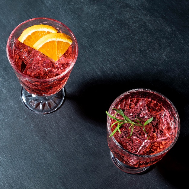 Top view glasses with fruity drink