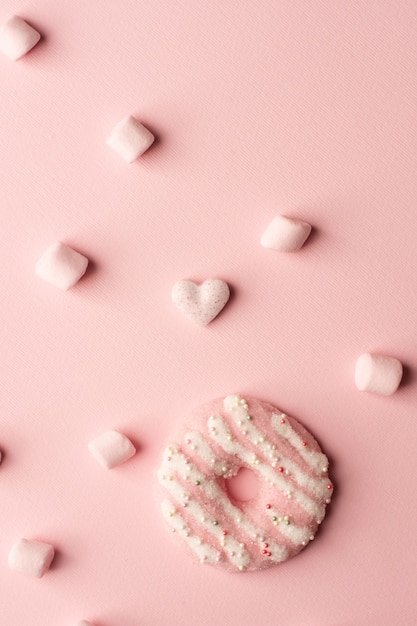 Top view of glazed doughnut with marshmallow