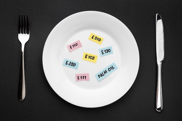 Top view gmo words on plate