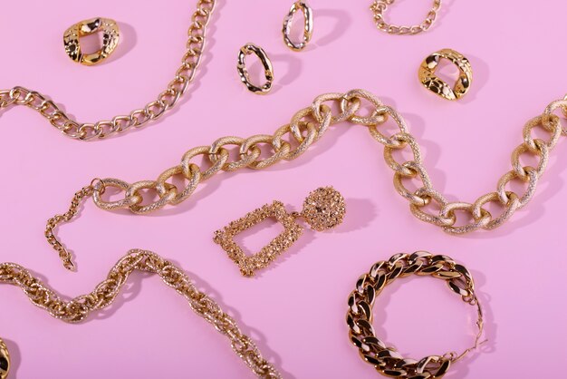 top view on gold chains still life