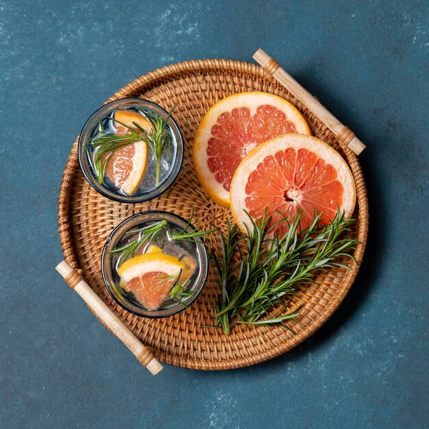 Top view grapefruit infused water