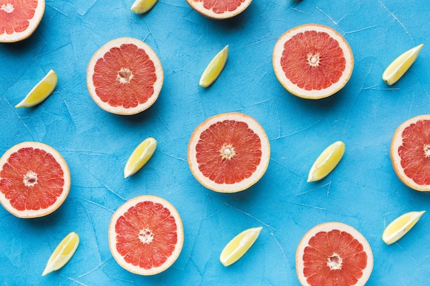 Top view of grapefruit and lemon slices