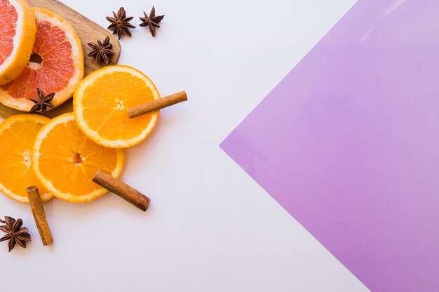 Top view of grapefruit and orange slices