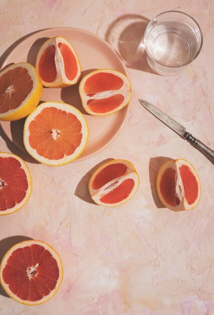 Top view grapefruit on plate arrangement