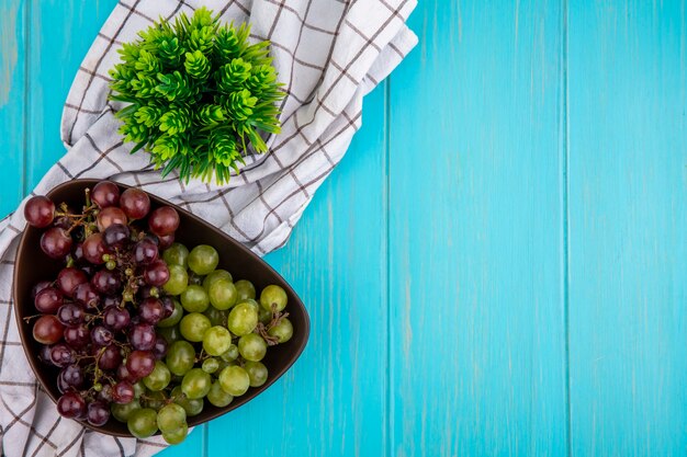 Top view of grapes in bowl and plant on blue background with copy space