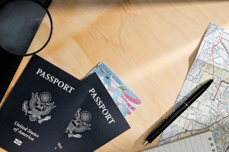 Free Photo top view green cards and passports