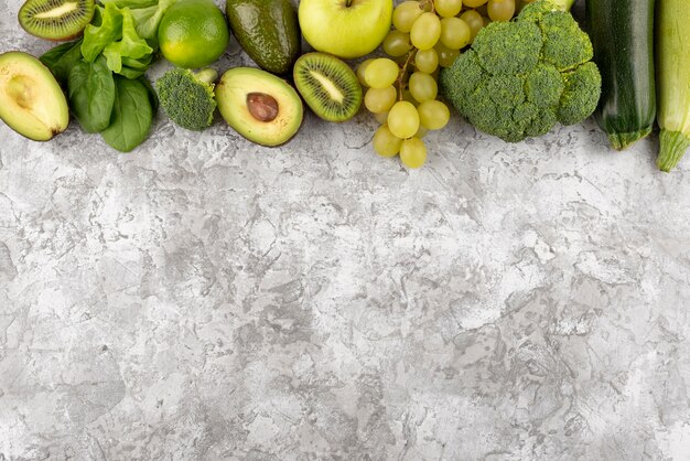 Top view green fruits and vegetables