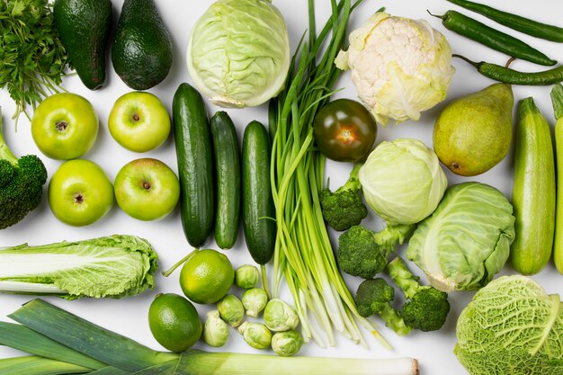 Top view green fruits and vegetables