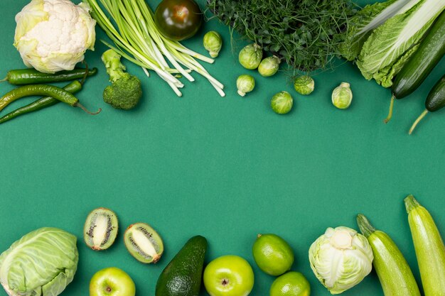 Top view green fruits and vegetables