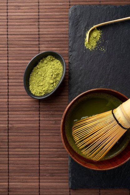 top view green matcha still life