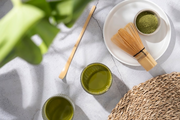 Free photo top view green matcha still life