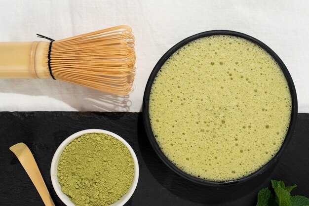 top view green matcha still life