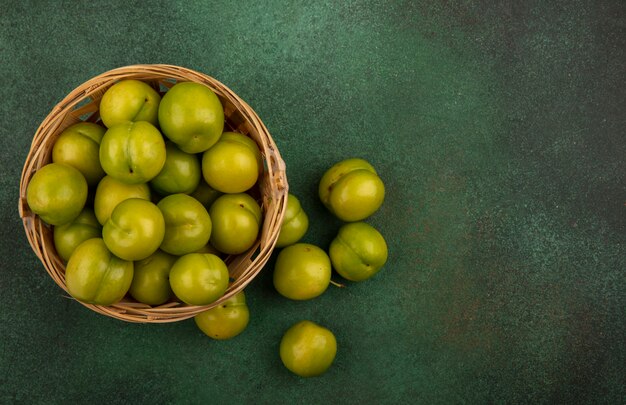 Top view of green plums in basket and on green background with copy space