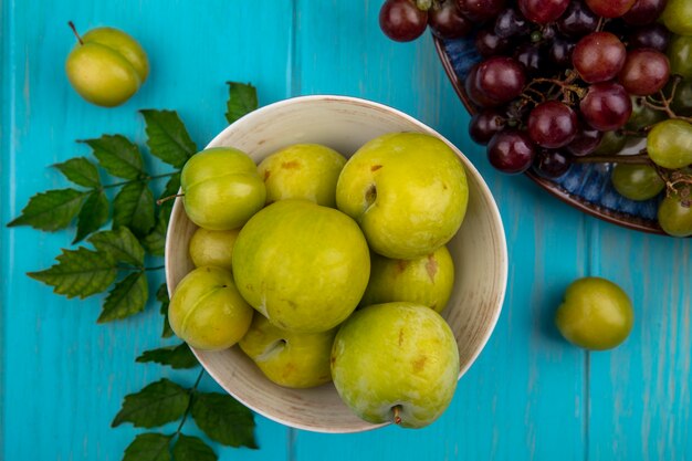 Top view of green pluots in bowl with plate of grapes on blue background decorated with leaves