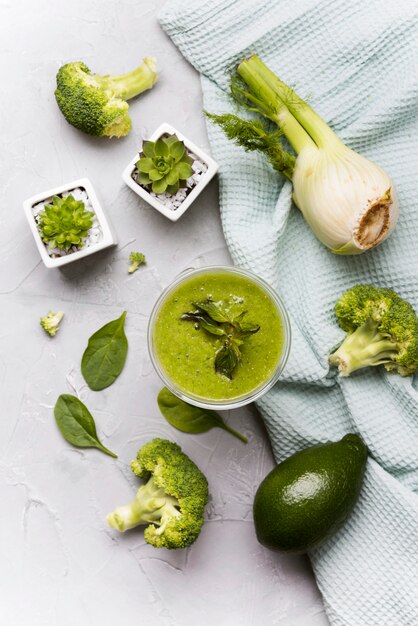 Top view green smoothie with broccoli