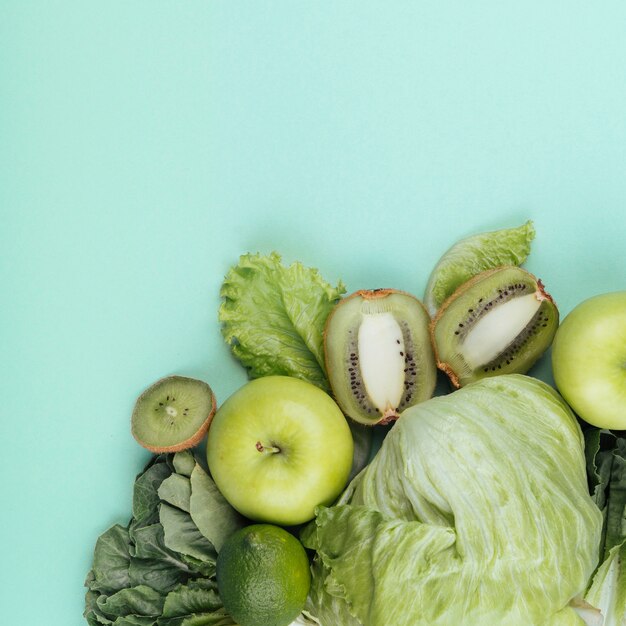 Top view green vegetables and fruit