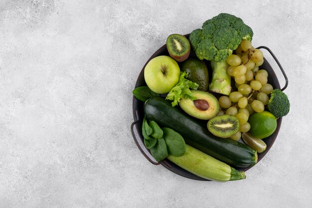 Top view green vegetables and fruits