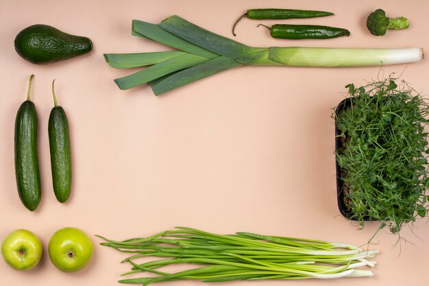 Top view green vegetables and fruits