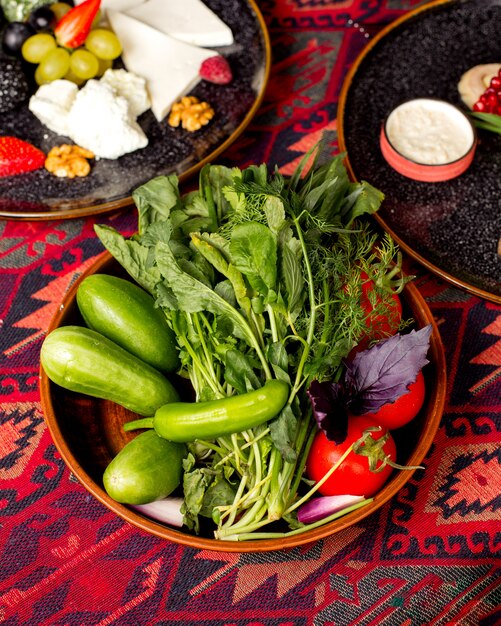 Top view of greens plate with cucumber, tomato, cockweed, dark leaves, basil and dill