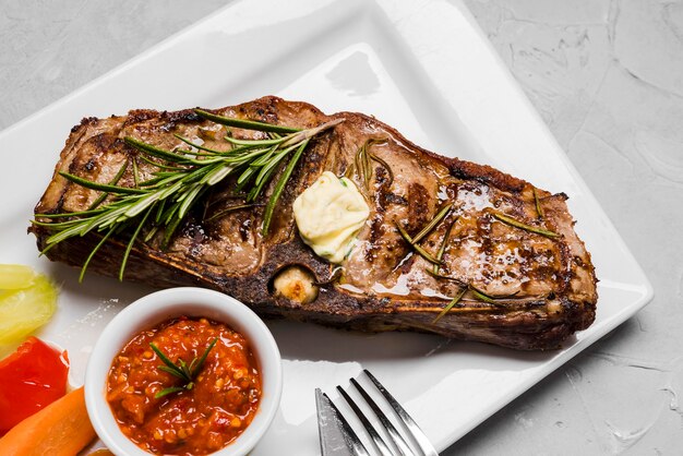 Top view of grilled fish meal