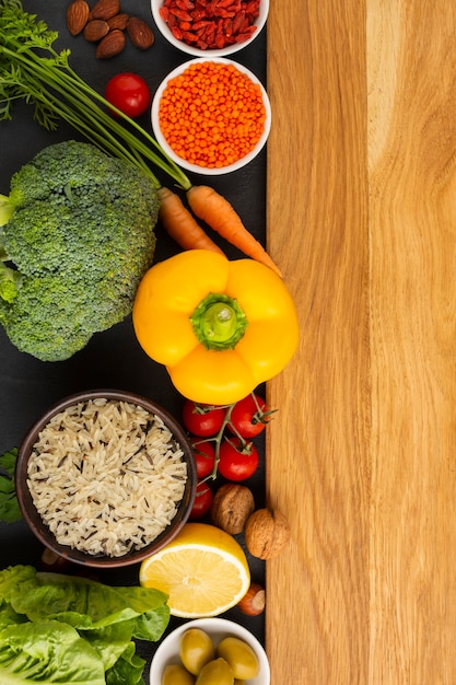 Top view of groceries with cutboard