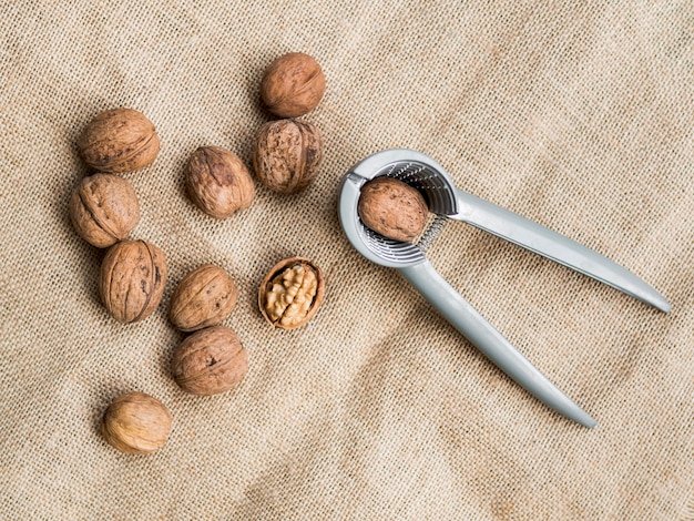 Free photo top view group of nuts with nutcracker