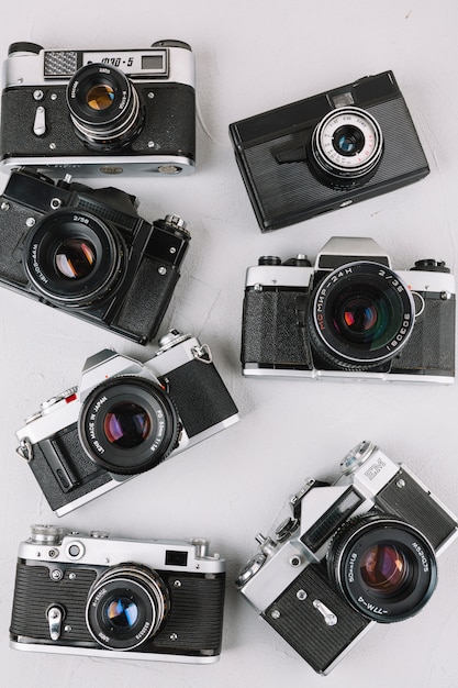 Top view group of professional cameras