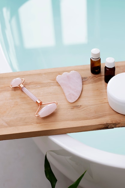 Top view on gua sha face products