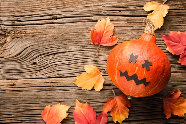 Top view halloween pumpkin and autumn leaves