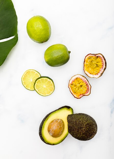 Top view halves of tropical summer fruit