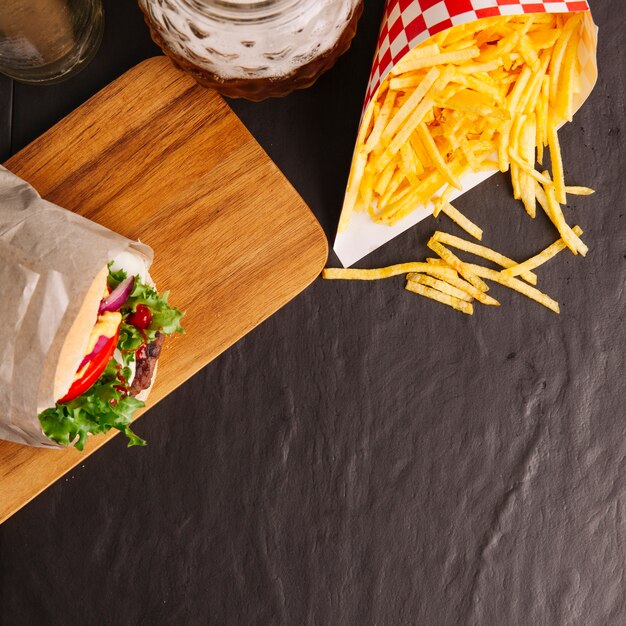 Top view of hamburger and chips