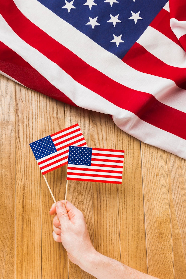 Free Photo top view of hand holding american flags