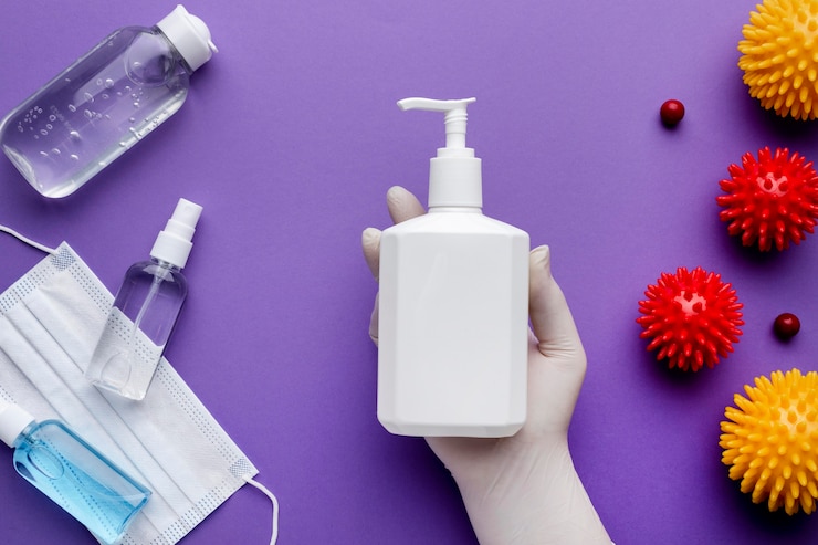 Free Photo top view of hand holding liquid soap dispenser with viruses