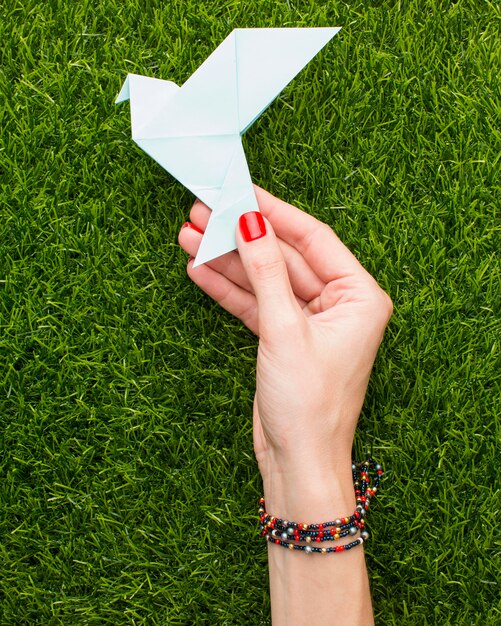 Top view of hand holding paper dove on grass