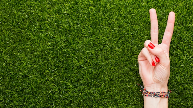 Top view of hand making peace sign on grass with copy space