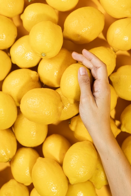 Free photo top view hand on top of lemons