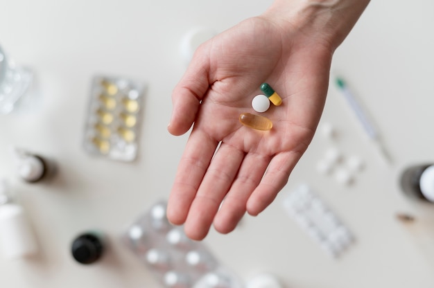 Top view hand with pills