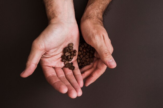 Top view hands holding coffee grains