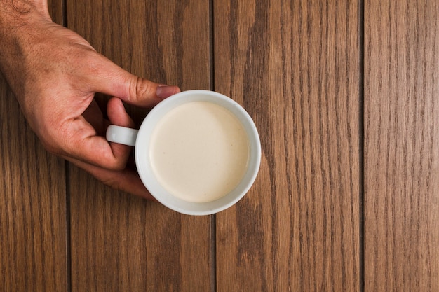 Top view hands holding cup of coffee