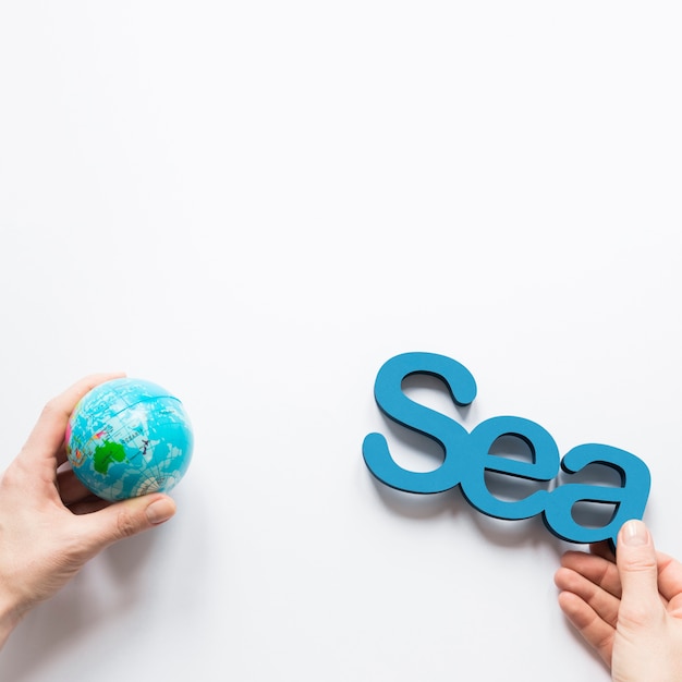 Free photo top view of hands holding globe and sea with copy space